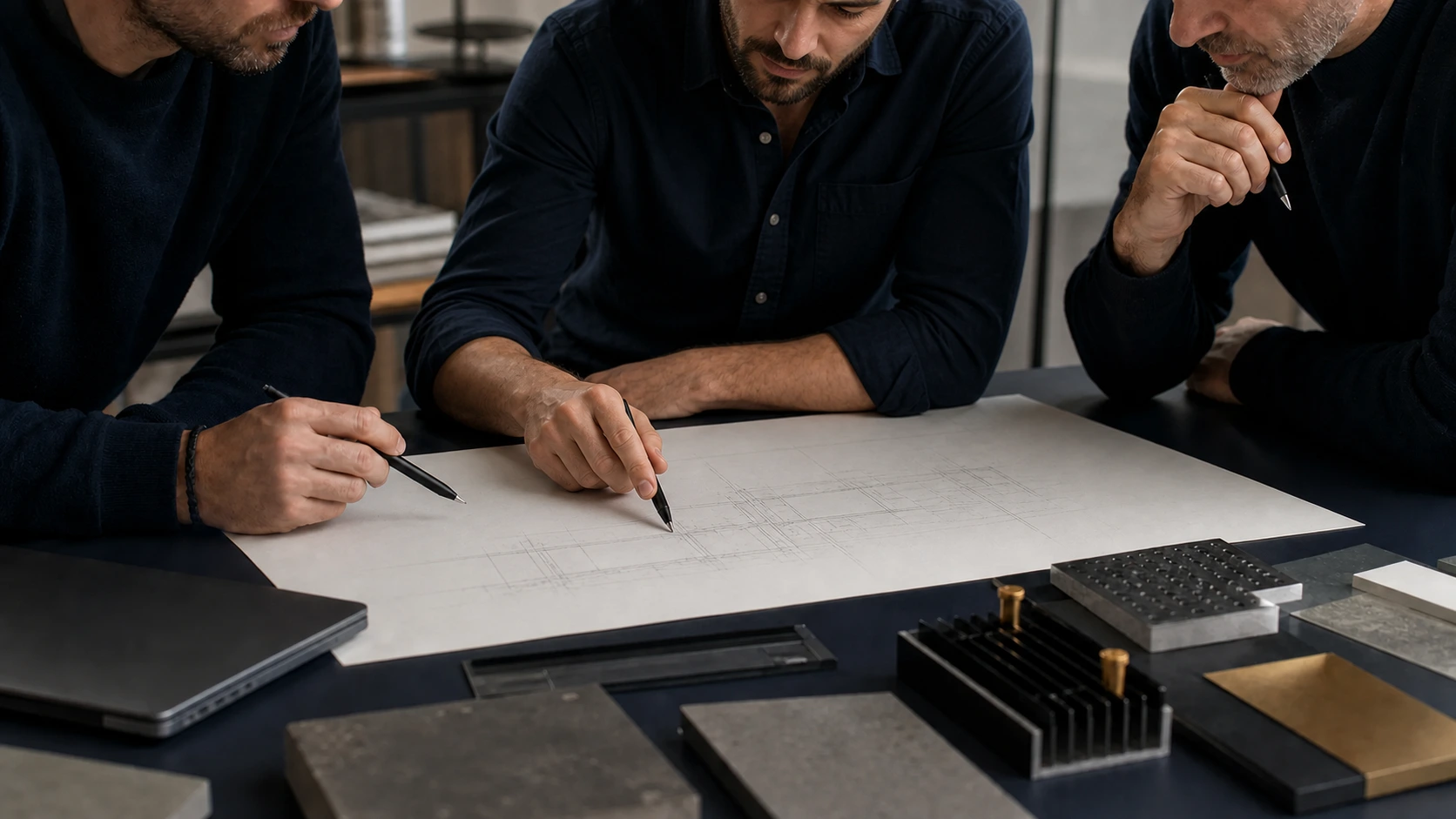 Équipe de livraison technologique analysant un plan système lors d’une session de travail