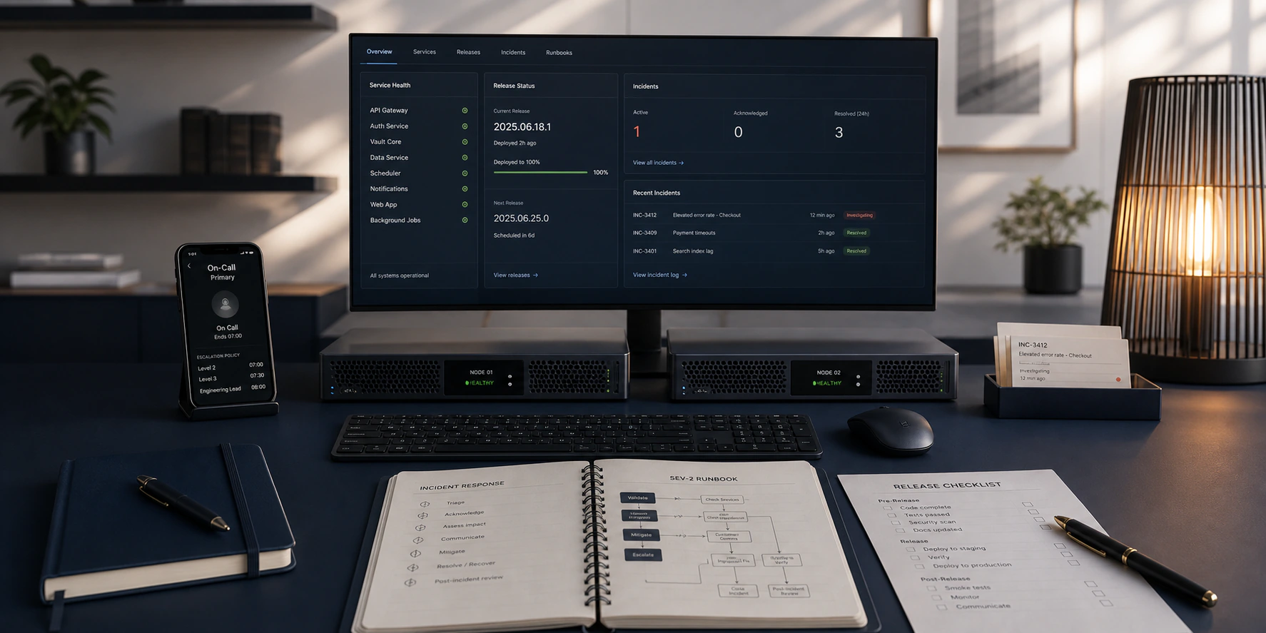 Software operations station showing service health, release status, incident timing, redundant equipment, and a runbook
