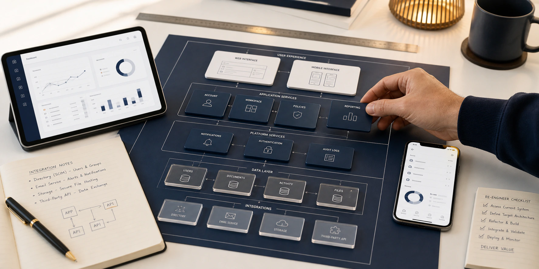 Consultant refining web and mobile architecture modules beside integration notes and source-control evidence