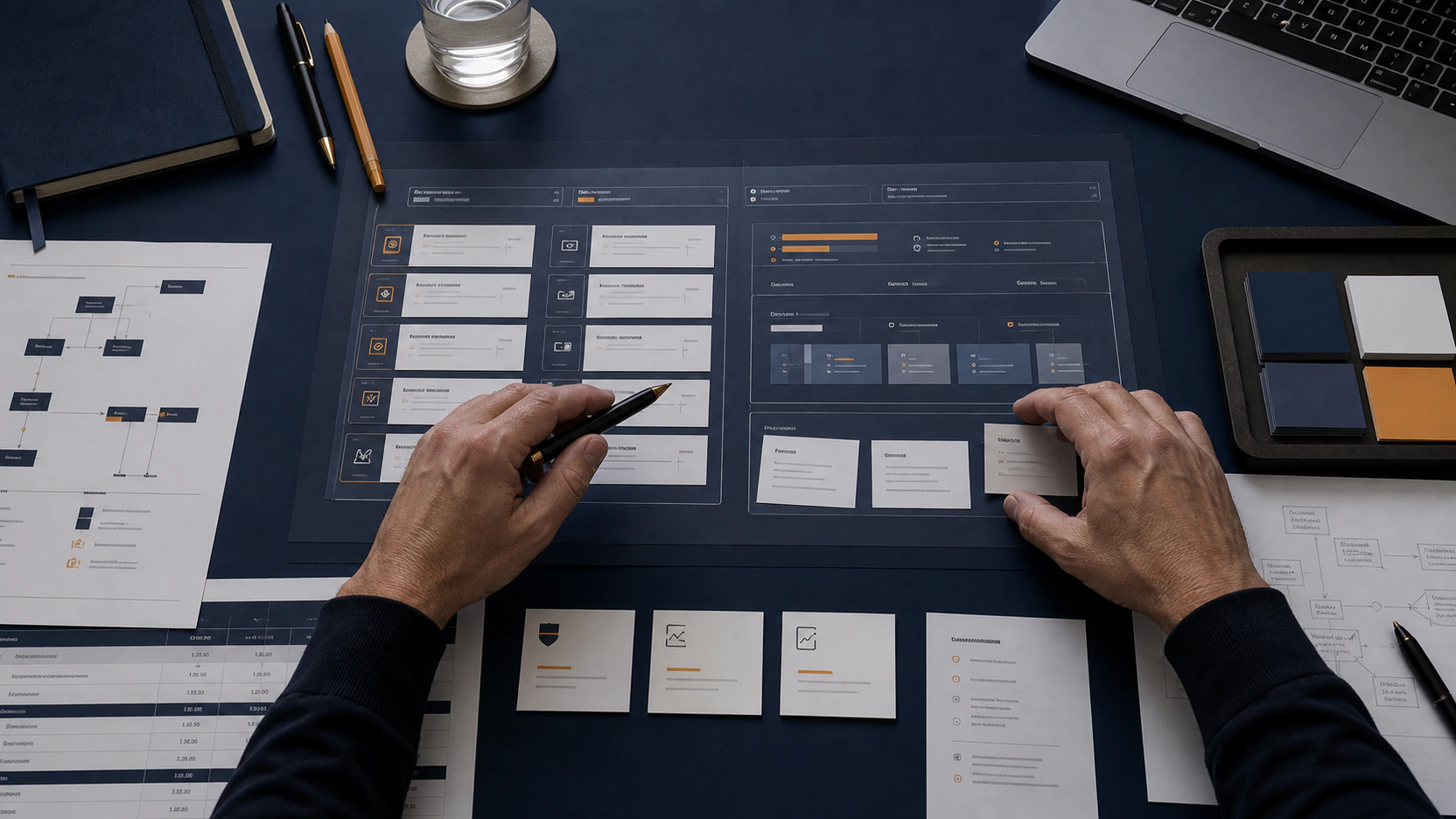Hands organizing an IT application portfolio, roadmap priorities, budget evidence, and delivery decisions