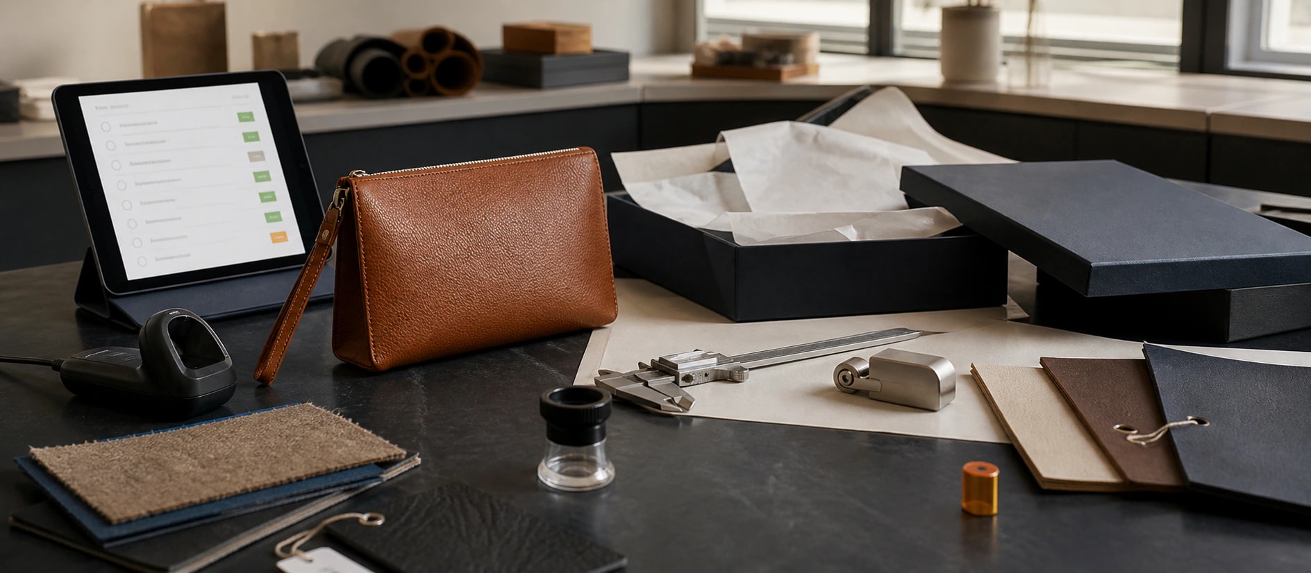 Product quality studio with material samples, precision inspection, packaging, and digital traceability