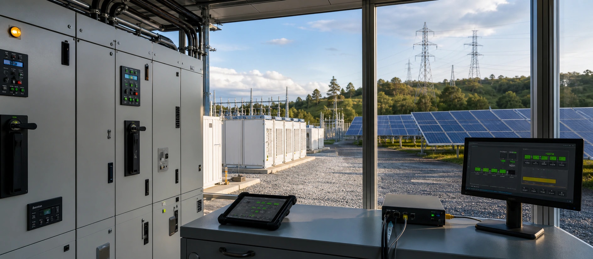 Renewable grid operations with protected switchgear, battery storage, solar generation, and monitoring software
