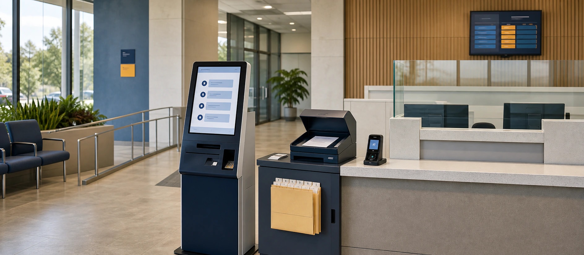 Digital civic service counter with document scanning, queue tools, and a self-service kiosk