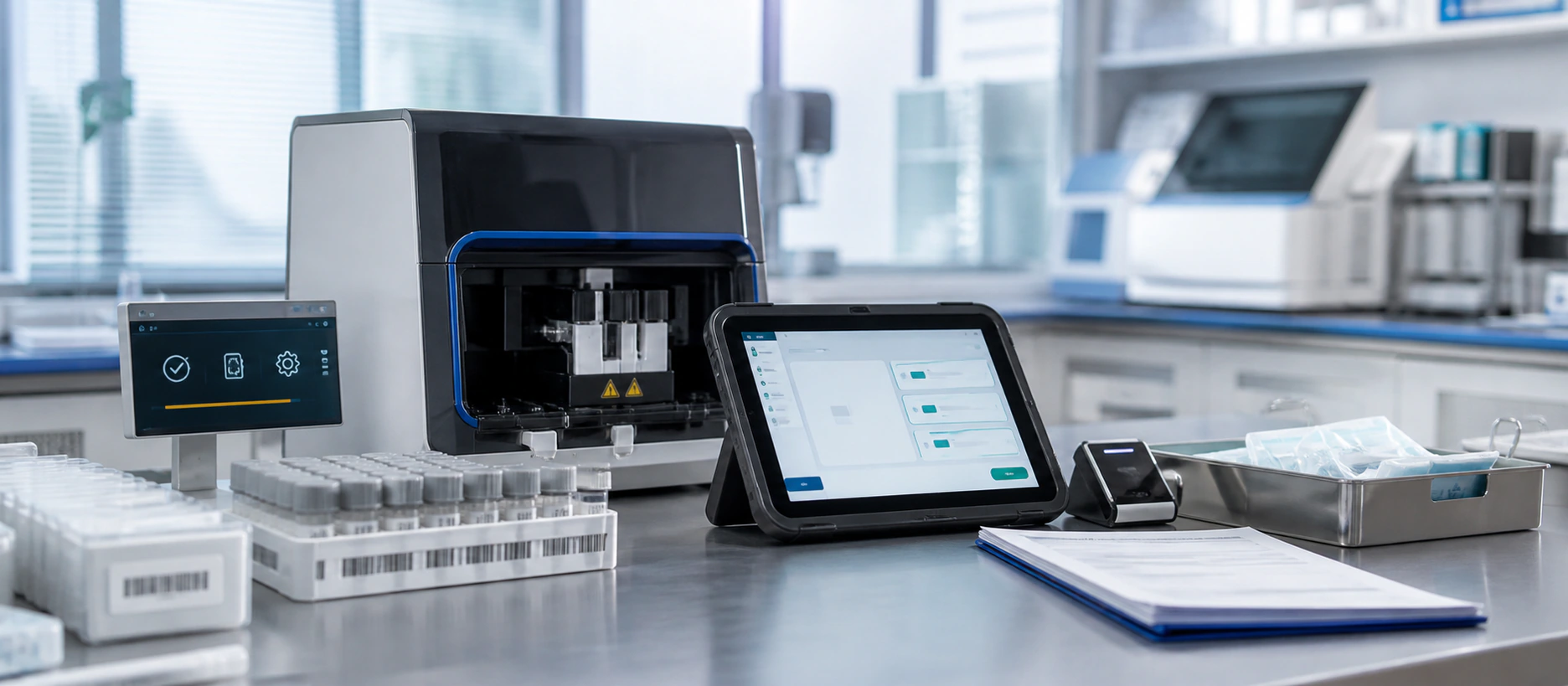 Clinical diagnostics workspace with sample handling, secure medical software, authentication, and analyzer equipment