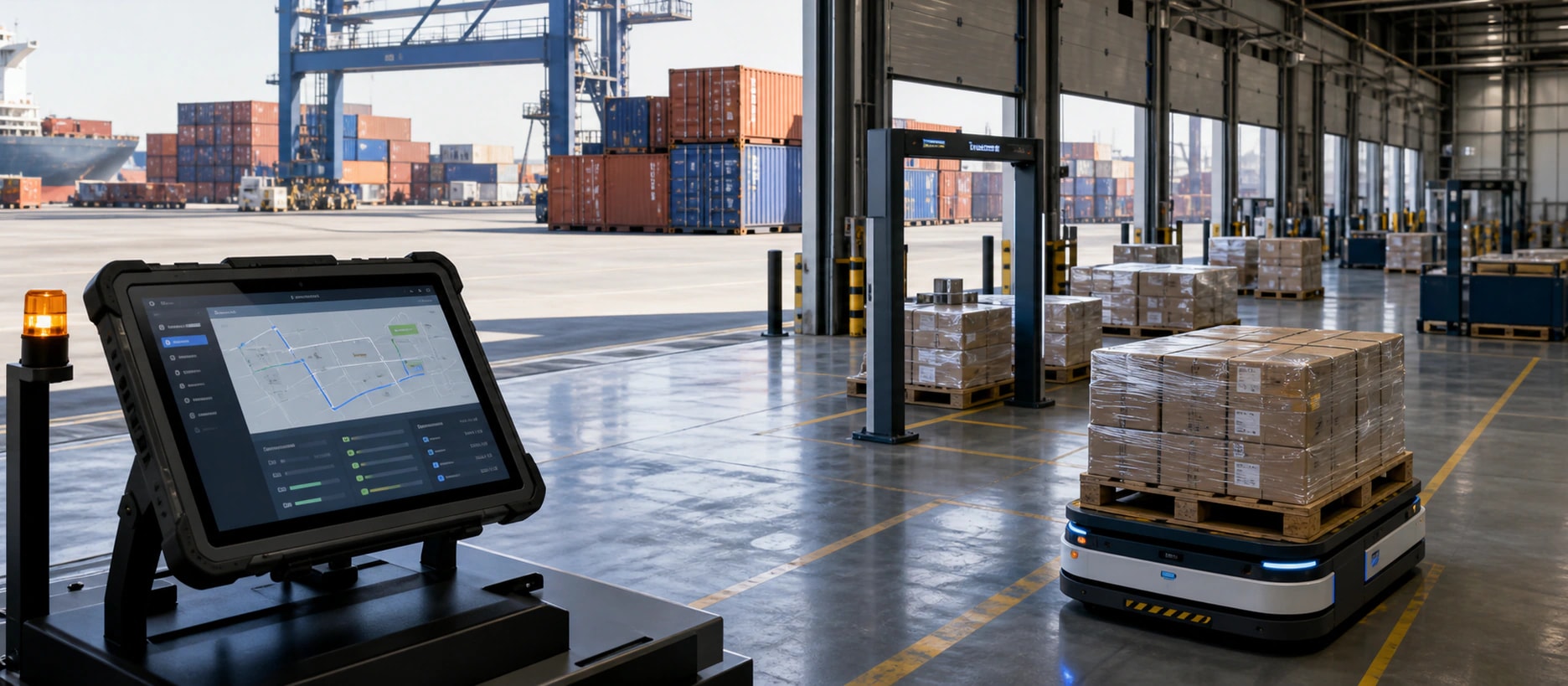 Warehouse-to-port logistics operation with shipment software, scanning gate, pallet movement, and container handling