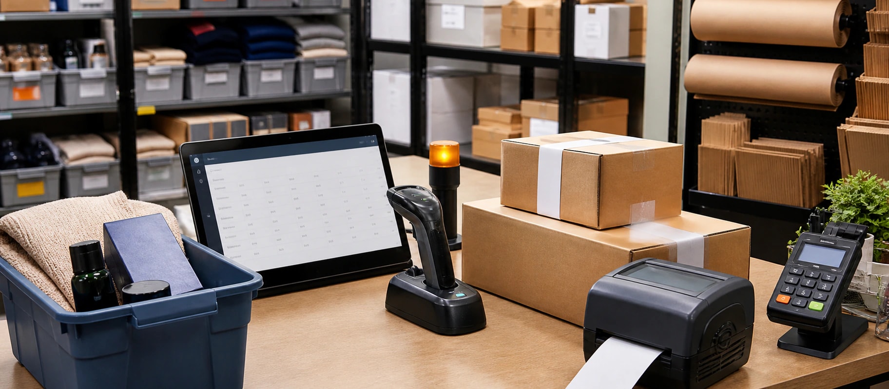 Retail fulfillment station with inventory software, barcode scanner, packaged orders, labels, and organized stock