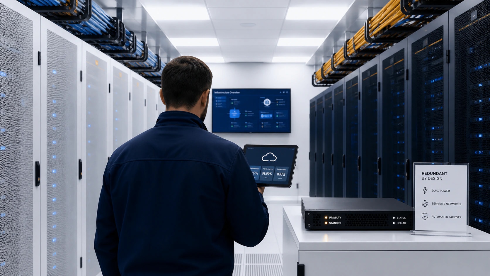 Cloud reliability engineer checking redundant server rows, failover equipment, and availability status