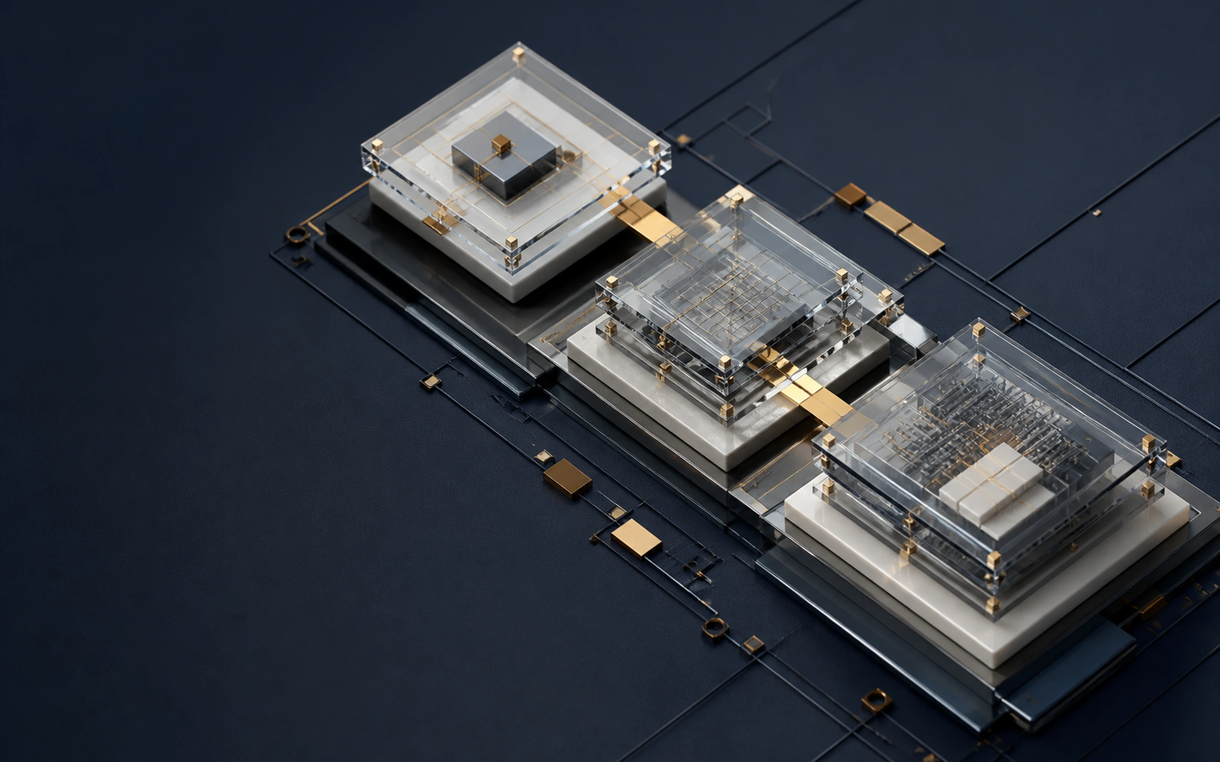 Three connected operating modules representing AI reception, CRM modernization, and cloud reliability